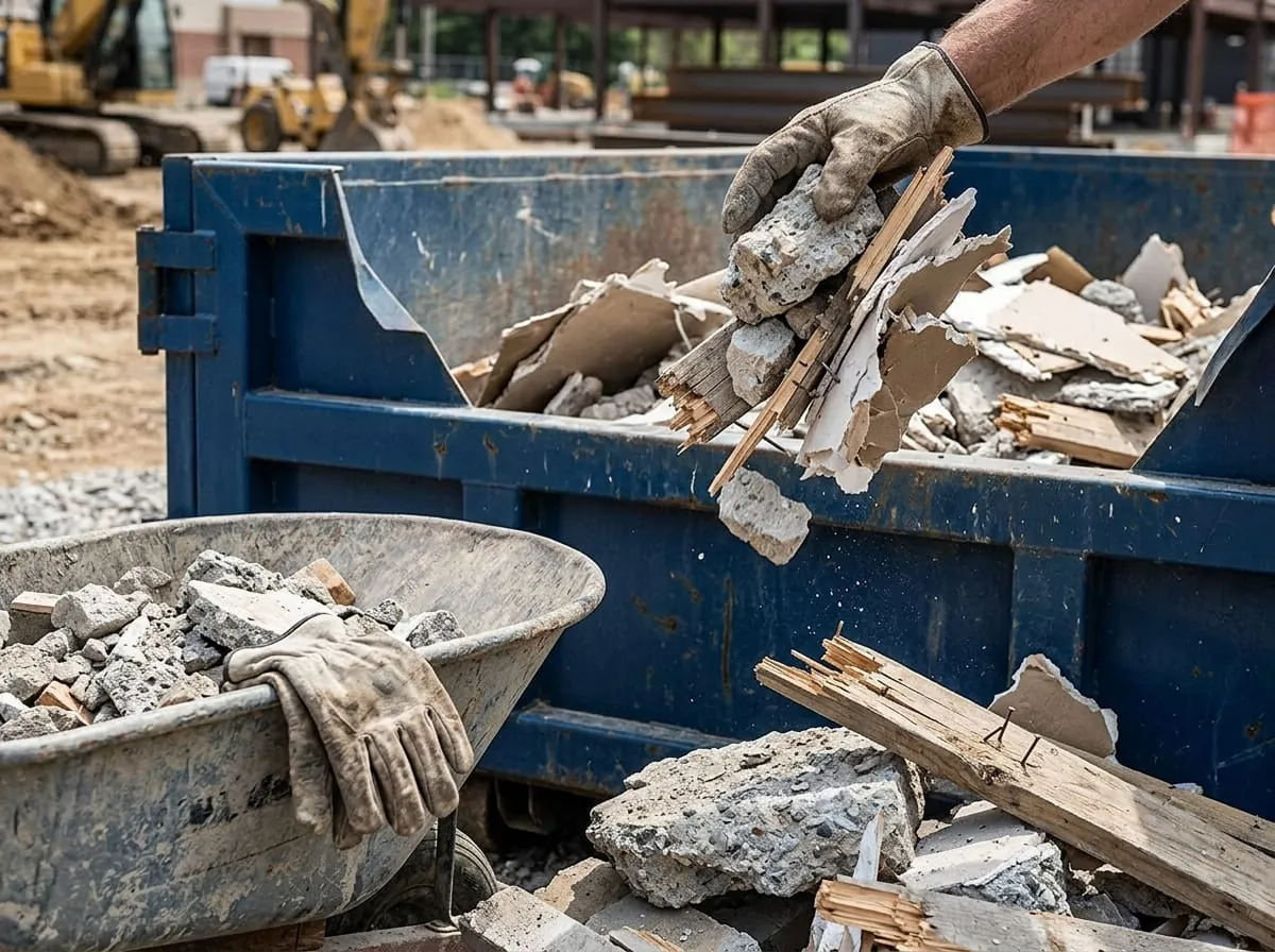 Broken concrete and drywall being loaded into a roll-off container in Port Charlotte, Florida