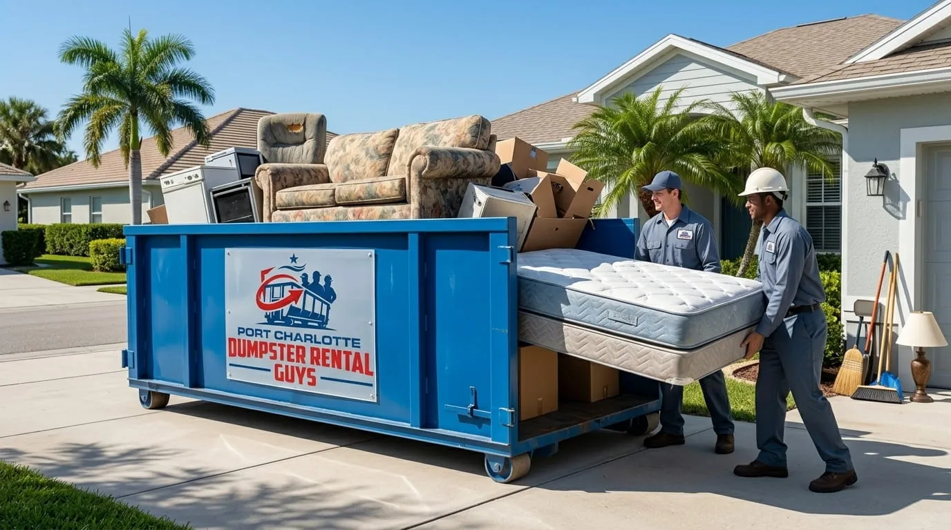 Crew loading a mattress and furniture into a roll-off container in Port Charlotte, Florida