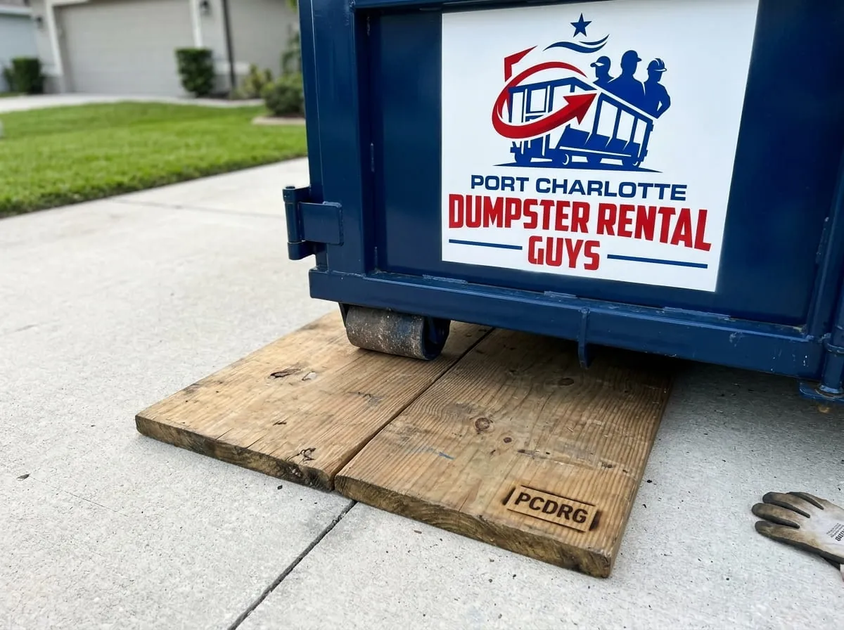 Close-up of a roll-off dumpster resting on timber protection boards on a driveway