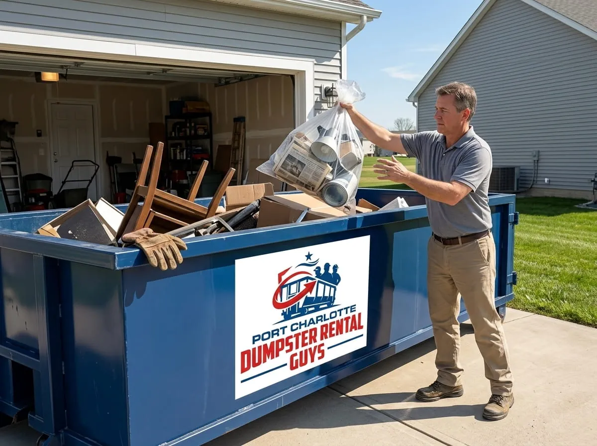 Garage clearance loaded into a roll-off dumpster on a driveway in Port Charlotte, Florida