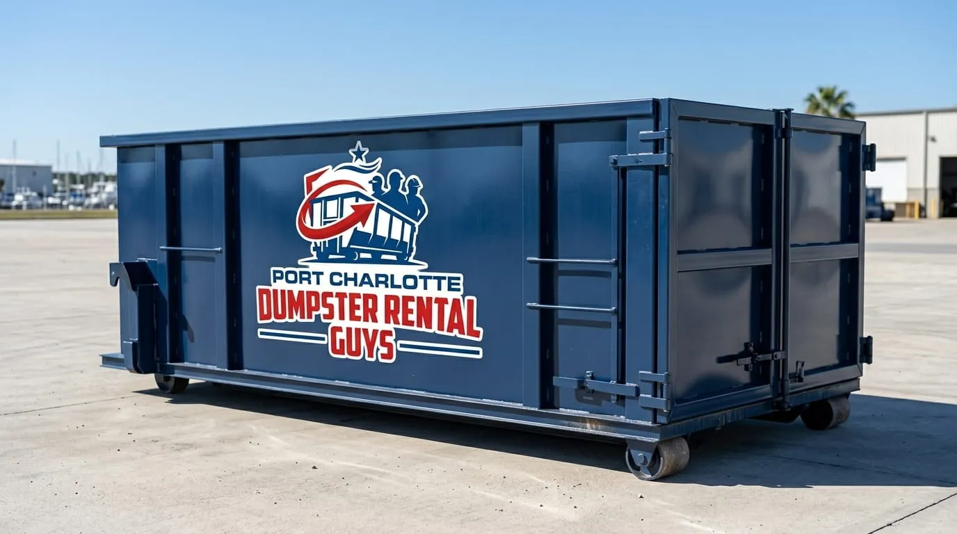 Red roll-off dumpster in service on a job site in Port Charlotte, FL Red roll-off dumpster in service on a job site in Port Charlotte, FL