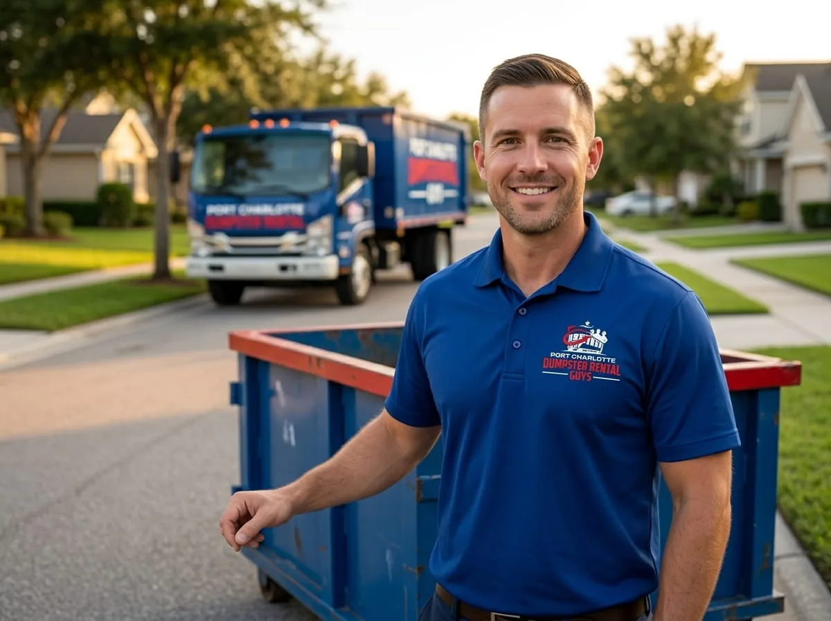 The Port Charlotte Dumpster Rental Guys crew standing beside a roll-off truck and red dumpster in Port Charlotte, FL The Port Charlotte Dumpster Rental Guys crew standing beside a roll-off truck and red dumpster in Port Charlotte, FL