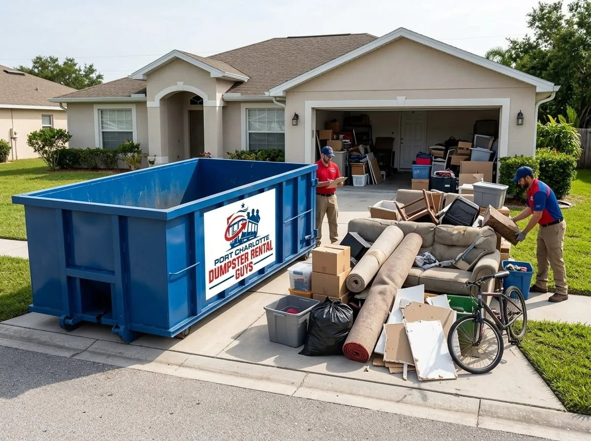 Driveway of household goods being cleared into a roll-off container in Port Charlotte, Florida