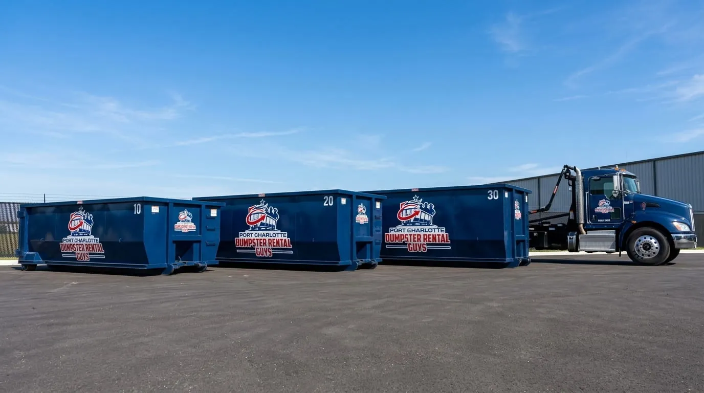 Port Charlotte Dumpster Rental Guys roll-off truck on a delivery run across Charlotte County, FL Port Charlotte Dumpster Rental Guys roll-off truck on a delivery run across Charlotte County, FL