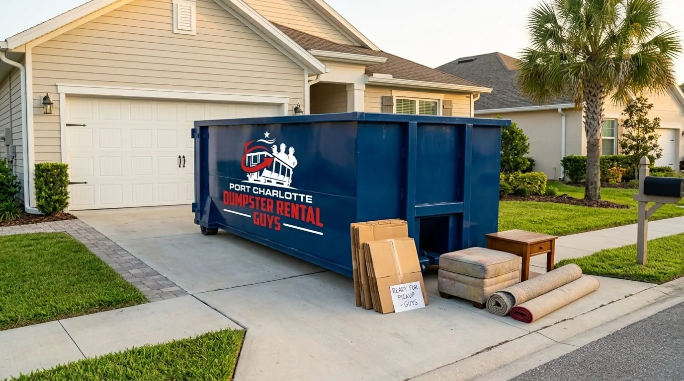 Roll-off dumpster on a residential driveway with furniture alongside in Port Charlotte, Florida Roll-off dumpster on a residential driveway with furniture alongside in Port Charlotte, Florida