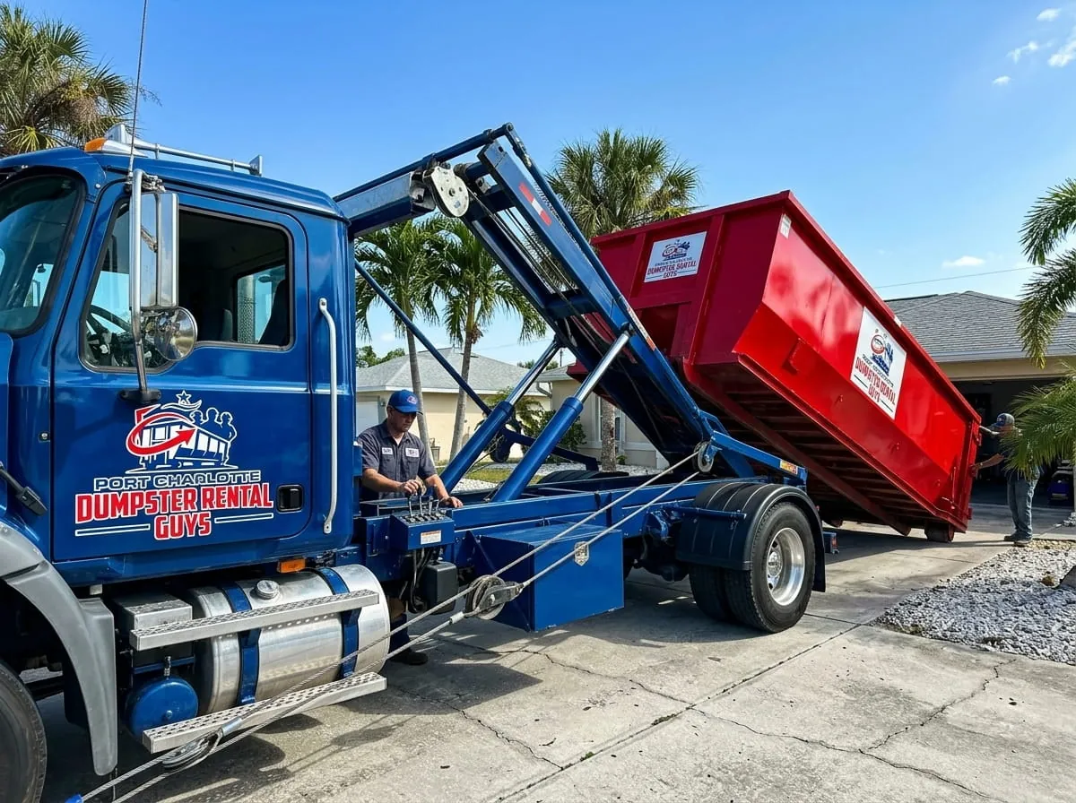 Roll-off truck delivering a dumpster to a residential address in Port Charlotte, FL