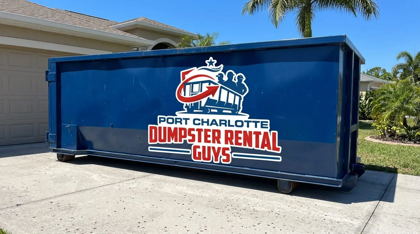 Roll-off container on a driveway beside a house in Port Charlotte, Florida