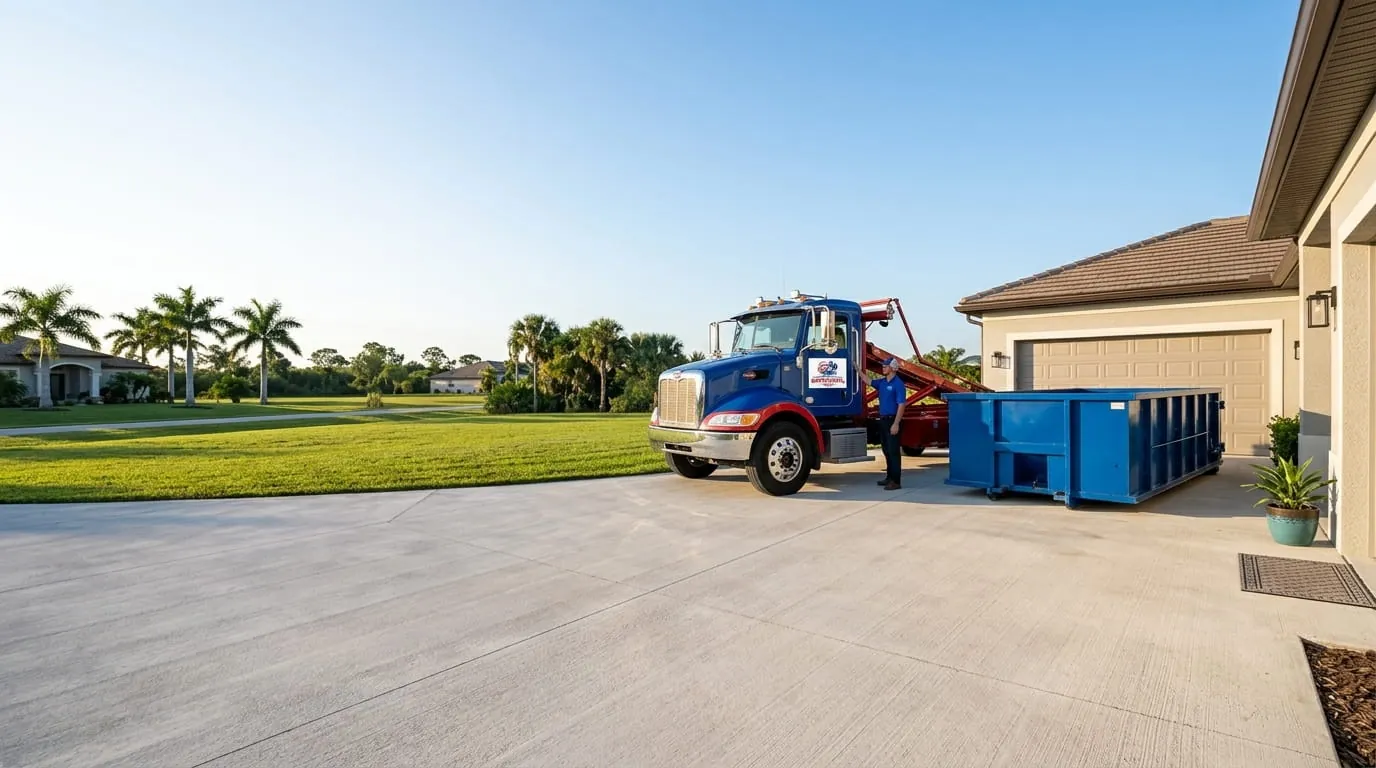 Roll-off truck delivering a container to a palm-lined street in Port Charlotte, Florida Roll-off truck delivering a container to a palm-lined street in Port Charlotte, Florida